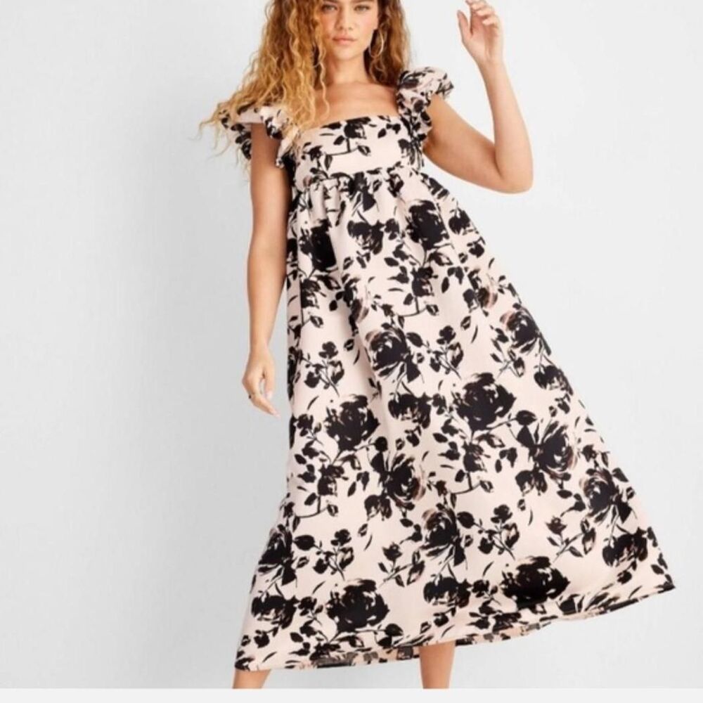 Floral satin empire waist flutter sleeve dress coquette wedding guest size M